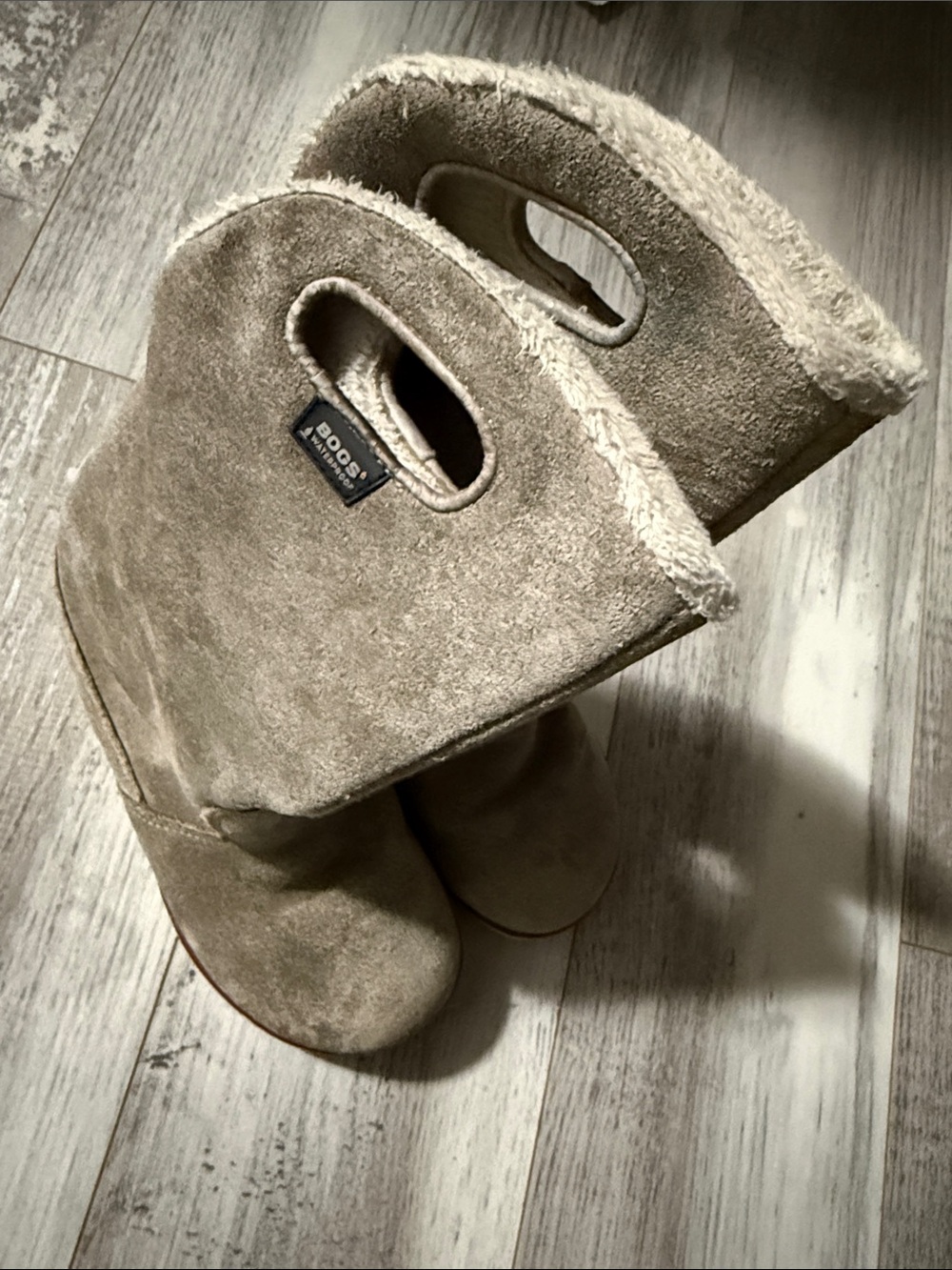 Bogs Taupe Suede Kids Pull-On Boots with Shearling Trim